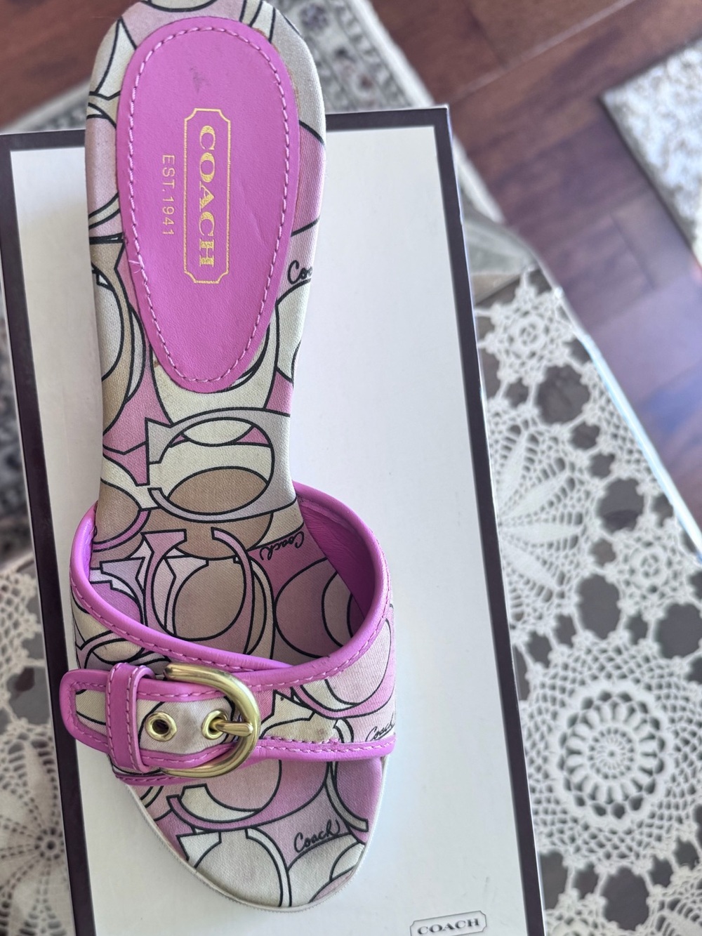 Coach Pink Signature Print Slide with Gold Buckle